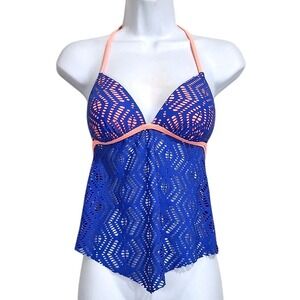 Arizona Jean Women Tankini Top Juniors M Blue Peach Crochet Halter Boho Swimwear